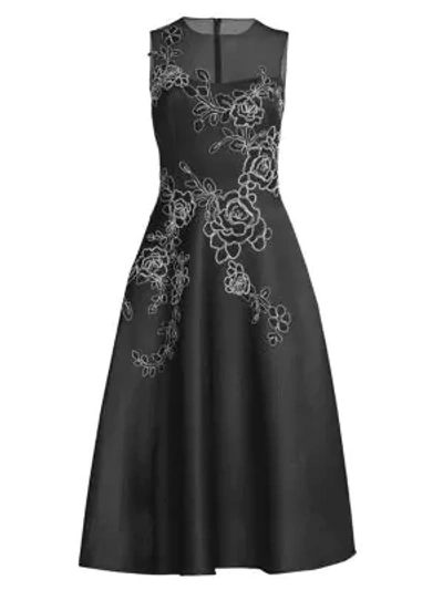 Teri Jon By Rickie Freeman Embroidered Sleeveless A-line Dress In Black White