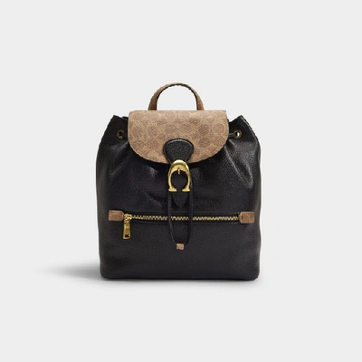 Coach Evie Backpack In Black Leather And Tan Signature Coated Canvas