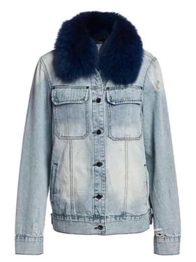 Ava & Kris Jane Removable Fox Fur Collar Denim Jacket In Sapphire