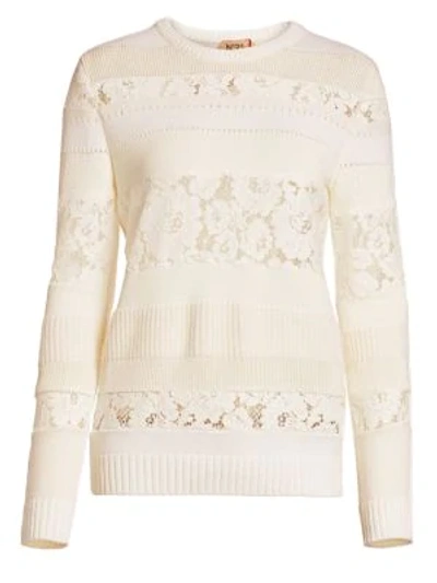 N°21 Tonal Striped Crewneck Rib-knit Floral Lace-inset Sweater In Cream