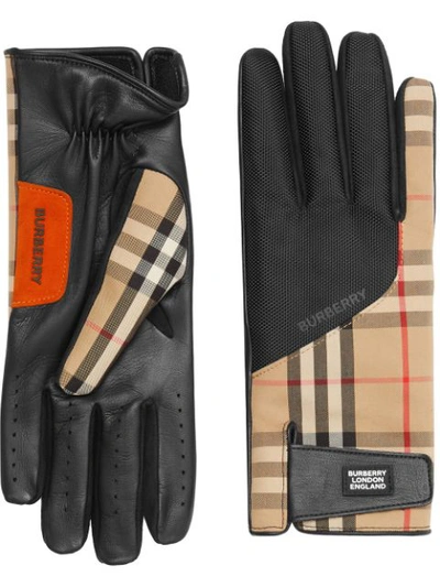 Burberry Logo Appliqué Vintage Check And Lambskin Gloves In Neutrals