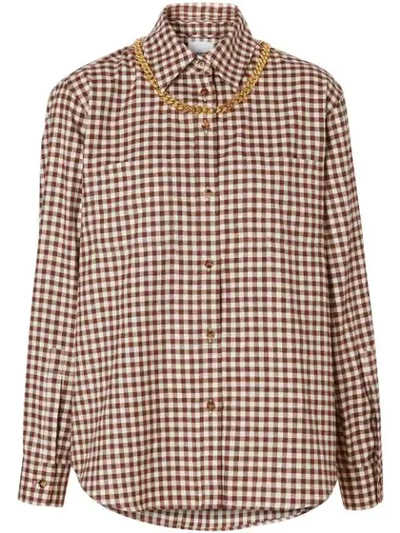 Burberry Chain Detail Gingham Cotton Flannel Oversized Shirt In Brown