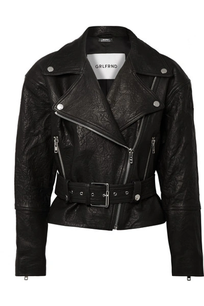 Grlfrnd Charlie Belted Crinkled Leather Moto Jacket In Black