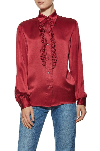 Pre-owned Ysl Red Silk Ruffled Blouse