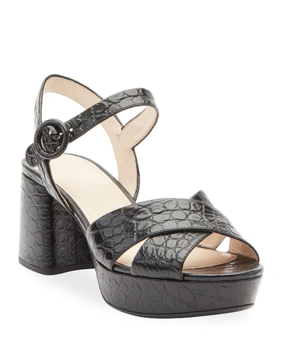 Prada Platform Crocodile-effect Leather Sandals In Black Croc