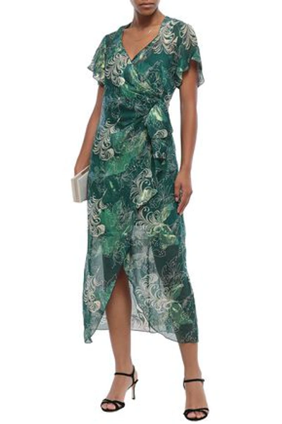 Anna Sui Wrap-effect Metallic Fil Coupé Silk-blend Midi Dress In Forest Green
