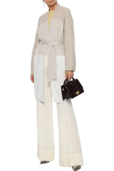 Agnona Woman Belted Colour-block Cashmere And Linen-blend Cardigan Neutral