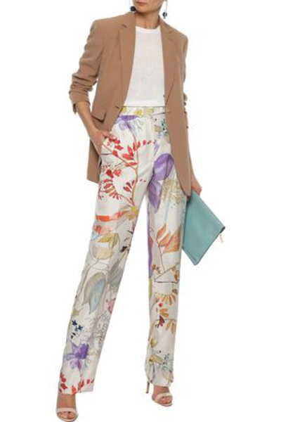 Agnona Woman Floral-print Silk-twill Straight-leg Pants Neutral