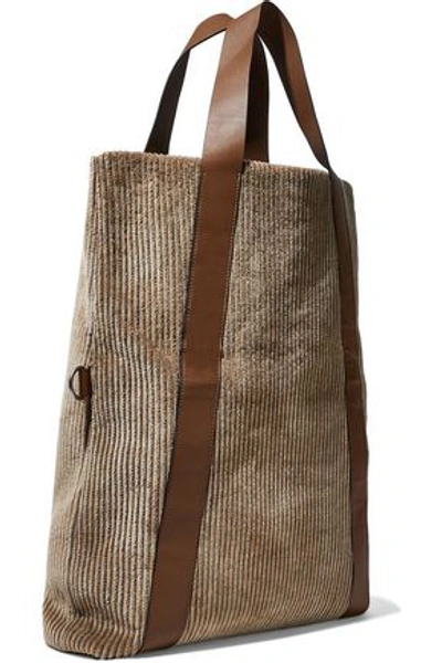 Brunello Cucinelli Woman Bead-embellished Leather-trimmed Corduroy Tote Sand