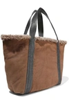 BRUNELLO CUCINELLI LEATHER-TRIMMED BEAD-EMBELLISHED SHEARLING TOTE,3074457345621002200