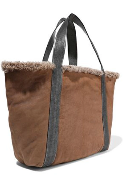 Brunello Cucinelli Leather-trimmed Bead-embellished Shearling Tote In Brown