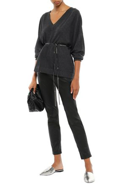 Brunello Cucinelli Belted Bead-embellished Cashmere Sweater In Charcoal