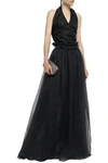 BRUNELLO CUCINELLI BRUNELLO CUCINELLI WOMAN WRAP-EFFECT CUTOUT SATIN-PANELED BEAD-EMBELLISHED TULLE GOWN BLACK,3074457345620932928