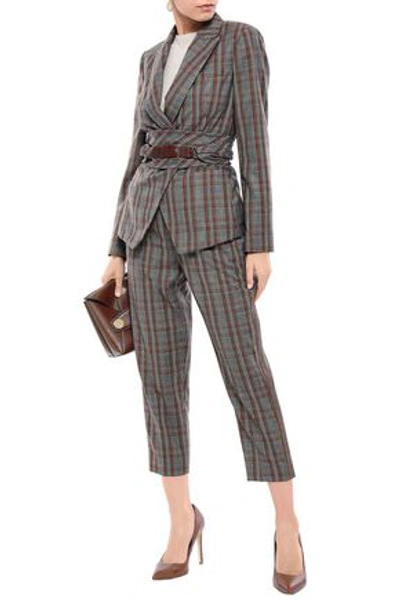 Brunello Cucinelli Cropped Bead-embellished Checked Wool Tapered Pants In Gray