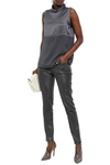 BRUNELLO CUCINELLI BRUNELLO CUCINELLI WOMAN BRUSHED-LEATHER SKINNY PANTS DARK GRAY,3074457345620967683