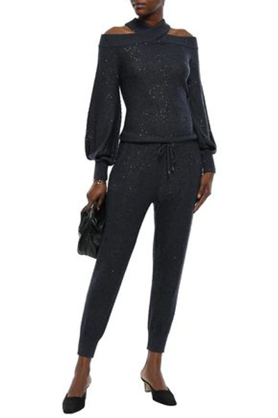 Brunello Cucinelli Woman Cold-shoulder Embellished Cashmere And Silk-blend Jumpsuit Navy