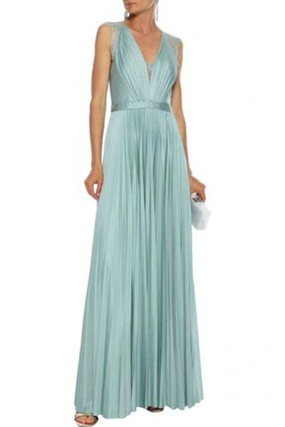 Catherine Deane Nelia Lace-paneled Pleated Satin Gown In Grey Green