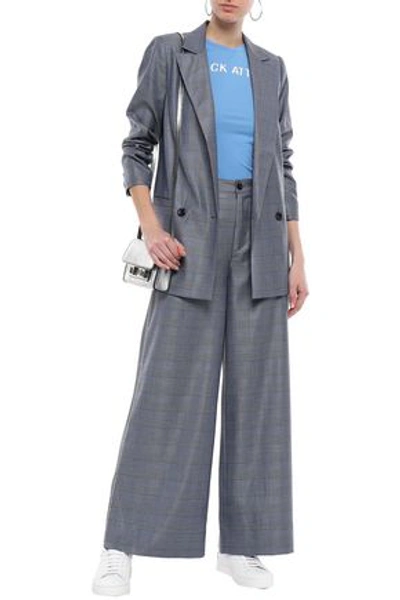 Ganni Crystal-embellished Prince Of Wales Checked Silk And Wool-blend Wide-leg Trousers In Dark Grey