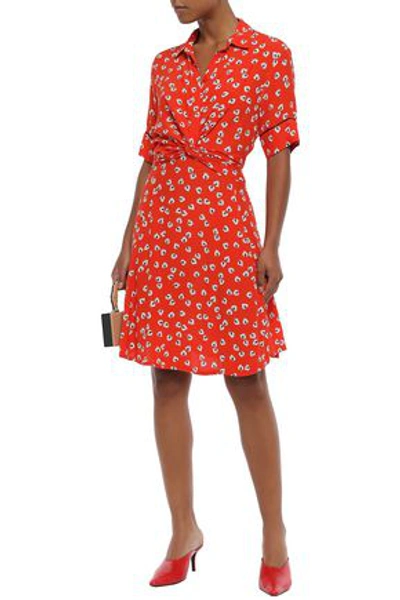 Ganni Silvery Twist-front Floral-print Crepe Dress In Tomato Red