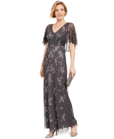 Adrianna Papell Beaded Capelet Gown In Gunmetal