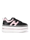 HOGAN MAXI H449 SNEAKER IN LEATHER AND BLACK FABRIC WITH PINK PROFILES,11075929