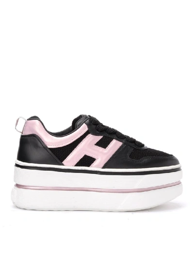 Hogan Maxi H449 Sneaker In Leather And Black Fabric With Pink Profiles