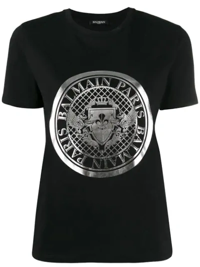 Balmain Metallic Logo Emblem Print T-shirt In Black