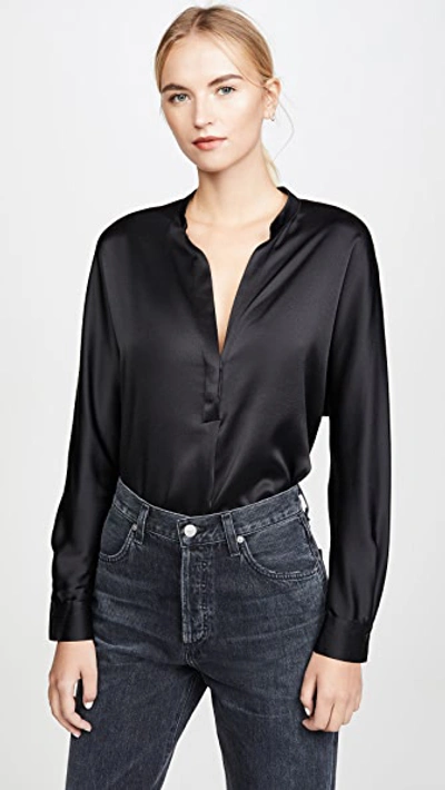 Vince Silk Satin Band Collar Blouse In Black