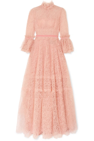Costarellos Velvet-trimmed Ruffled Lace Gown In Pink