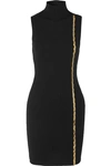 VERSACE EMBELLISHED RIBBED WOOL-BLEND TURTLENECK MINI DRESS