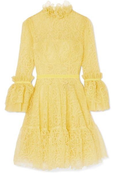 Costarellos Velvet-trimmed Ruffled Corded Lace Mini Dress In Yellow