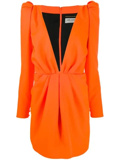 Saint Laurent Gathered Neon Twill Mini Dress In Orange
