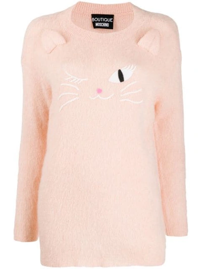 Boutique Moschino Mohair Pullover With Kitten Embroidery In 0131 Rosa