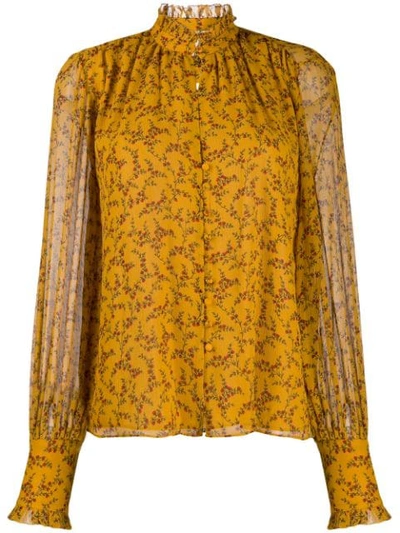 Jonathan Simkhai Printed Silk Chiffon Ruffle High-neck Blouse In Tumeric Print