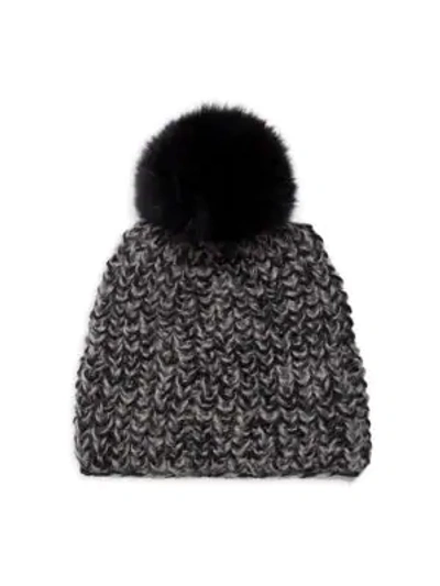 Surell Fox Fur Pom-pom Marled Beanie In Black