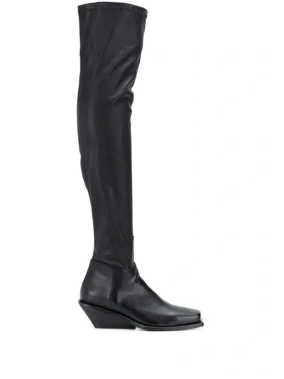 Ann Demeulemeester Square Toe Platform Leather Thigh High Boots In Nero
