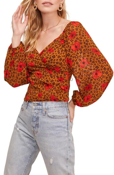 Astr Surplice Smocked Top In Floral Animal Print