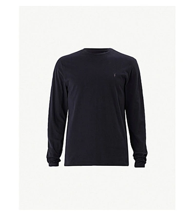 Allsaints Brace Long-sleeved Cotton-jersey Top In Lead Navy