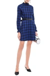 MAJE MAJE WOMAN BELTED CHECKED COTTON-FLANNEL MINI DRESS ROYAL BLUE,3074457345621107724