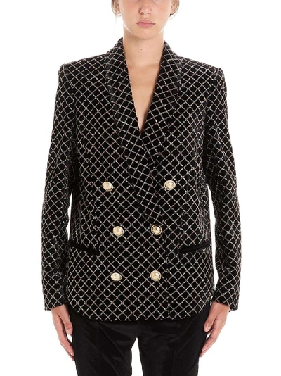Balmain 6-button Glitter Grid Double-breasted Pajama Jacket In Noir