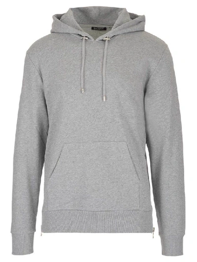 Balmain Grey Men's Velour Logo Side Zipper Hoodie