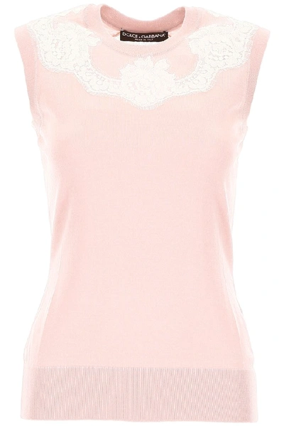 Dolce & Gabbana Sleeveless Cashmere And Silk Knit With Lace Detail In Rosa