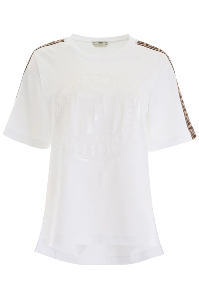Fendi Ff Monogram Shoulder Stripe T-shirt In White Tobacco
