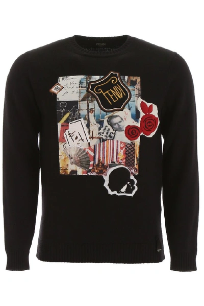 Fendi Virgin Wool Knit Sweater W/karl Patch In Black