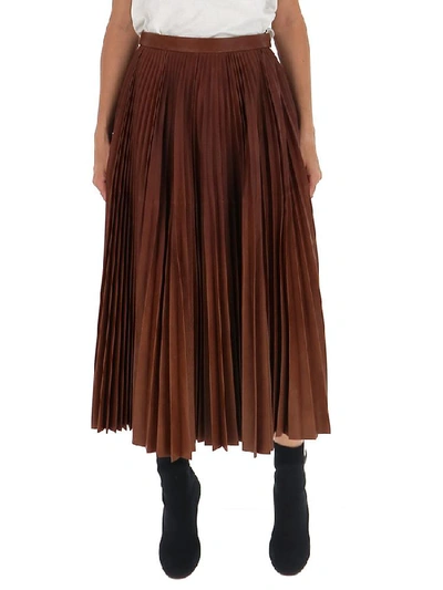 Prada Pleated Leather Midi Skirt In Brown