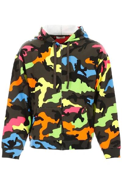 Valentino Men's Neon Camo Front-zip Hoodie In Multicolored