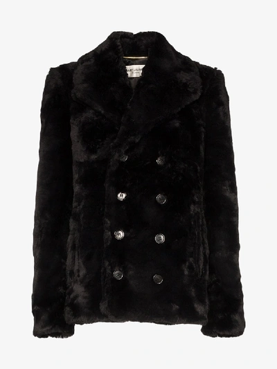 Saint Laurent Double-breasted Faux Fur Jacket In Black