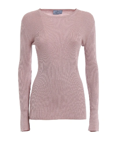 Prada Glittering Wool And Silk Rib Knitted Sweater In Pink