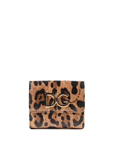 Dolce & Gabbana Leo Print Leather French Wallet In Brown