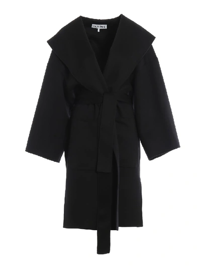 Loewe Cashmere Blend Double Hooded Wrap Coat In Black